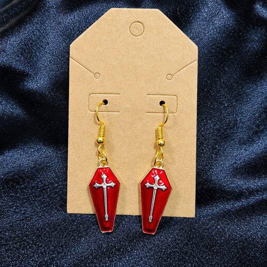Red Coffin Cross Drop Earrings