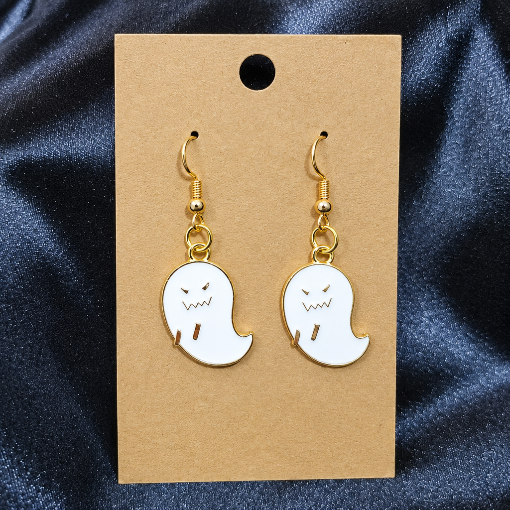 Grumpy ghost enamel drop earrings on kraft card