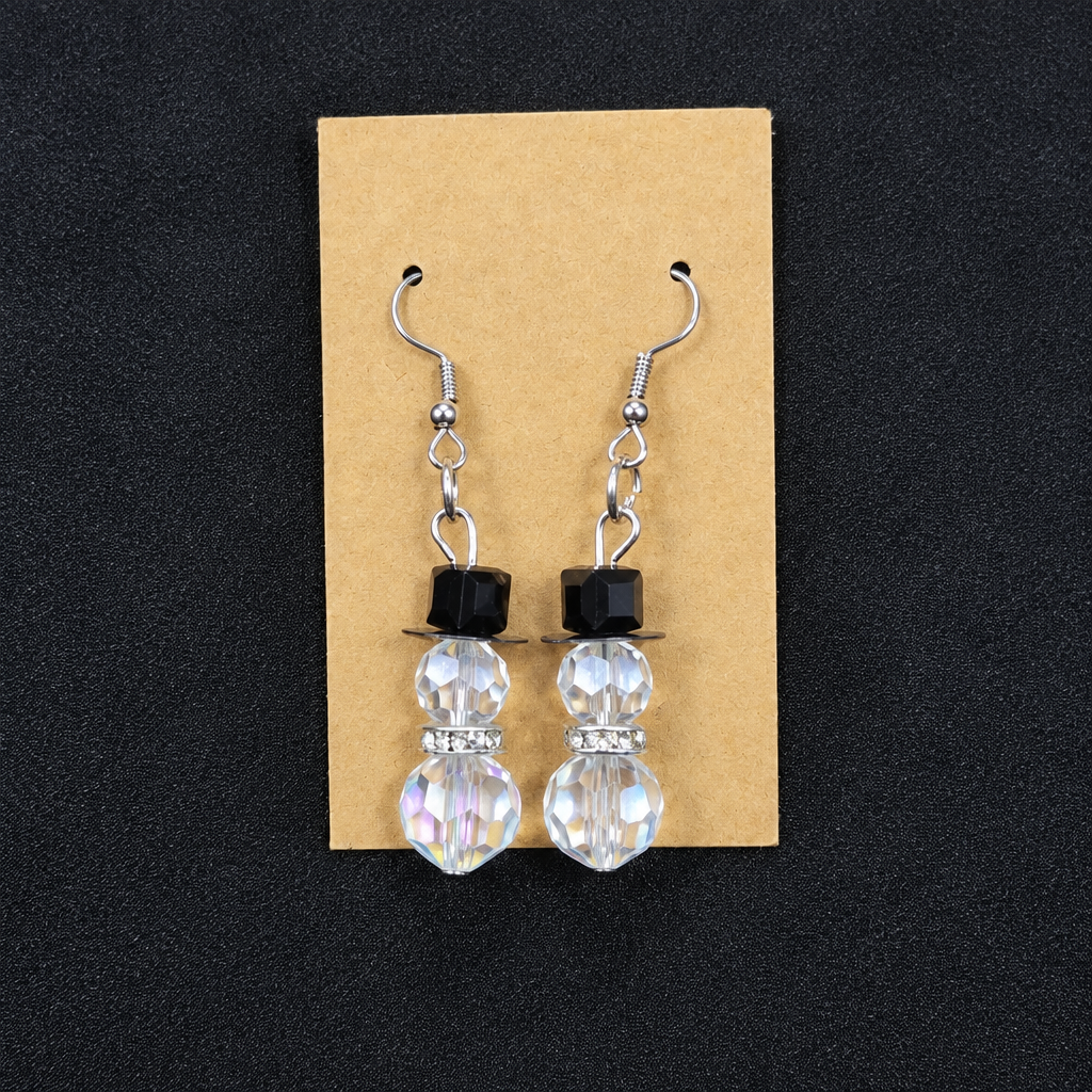 Crystal snowman beaded drop earrings on kraft card