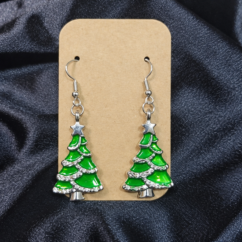 Rhinestone Christmas tree drop earrings on kraft card