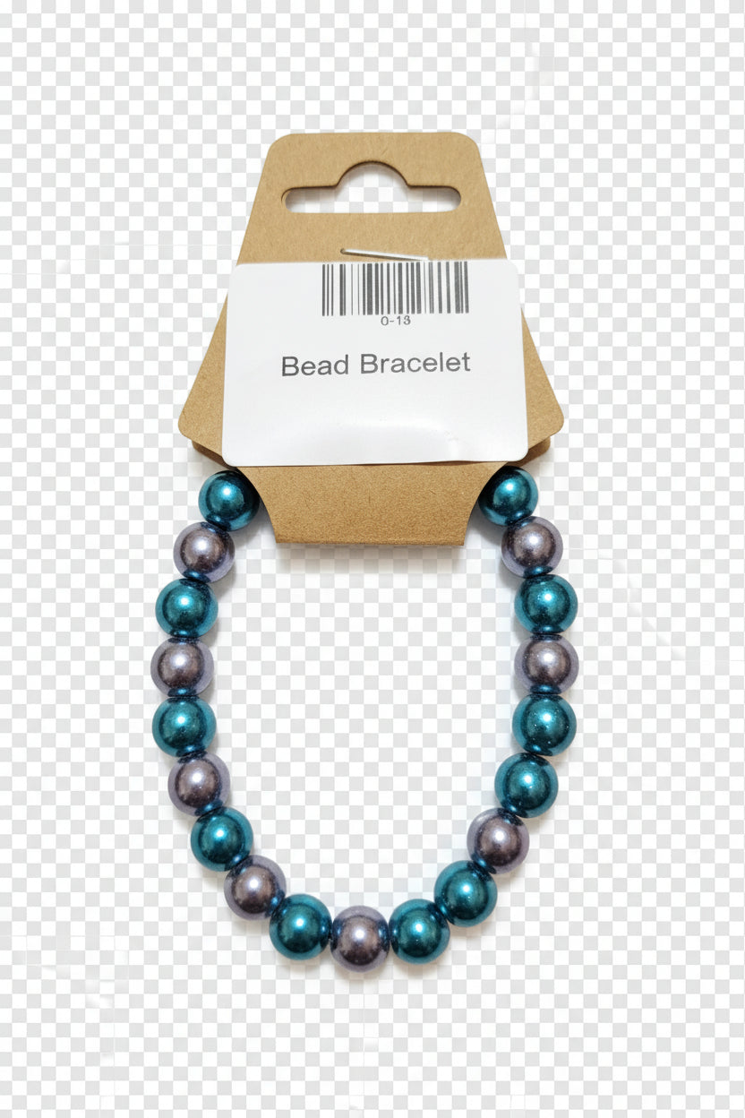 Teal and silver metallic bead stretch bracelet on display card