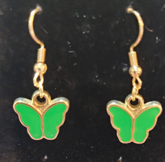 Green Enamel Butterfly Gold Drop Earrings