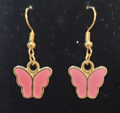 Pink Enamel Butterfly Gold Drop Earrings