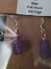Purple Gummy Bear Gold Squiggle Fish Hook Earrings – Handmade Fun Dangle Earrings