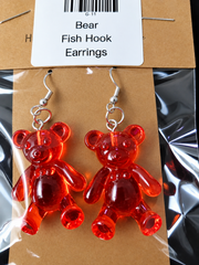 Cherry Red Translucent Gummy Bear Fish Hook Earrings –Handcrafted Fun Dangle Earrings