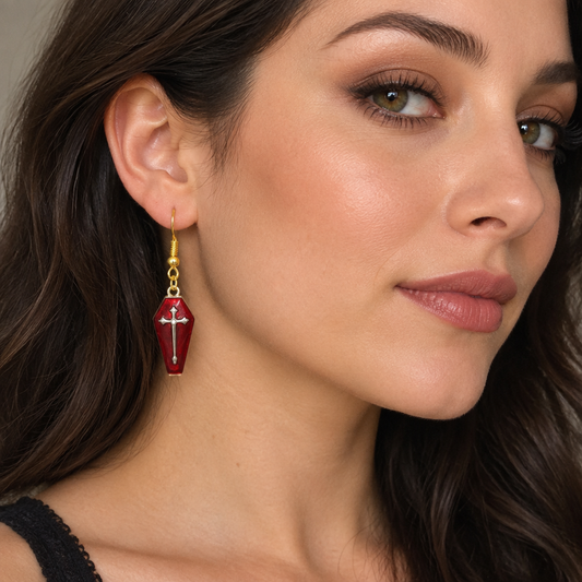 Red Coffin Cross Drop Earrings