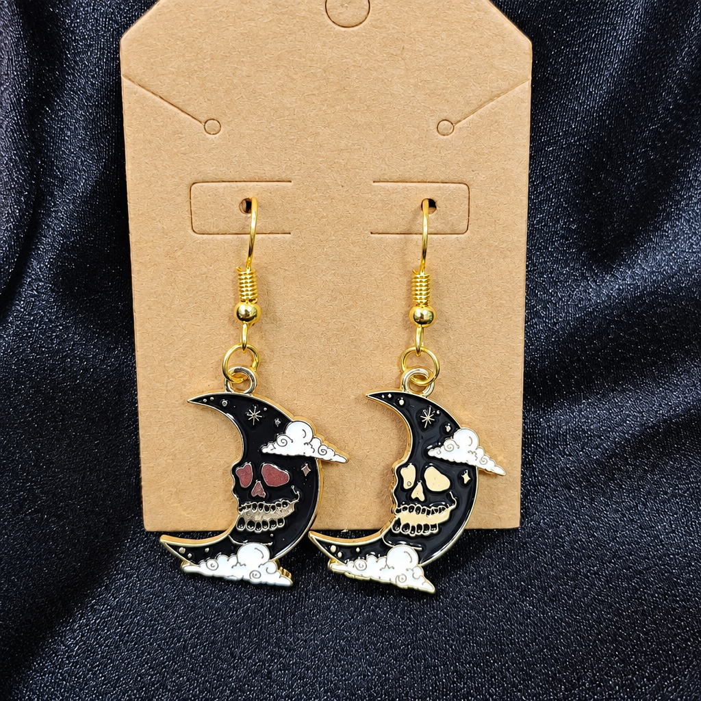 Crescent Moon Skull Drop Earrings