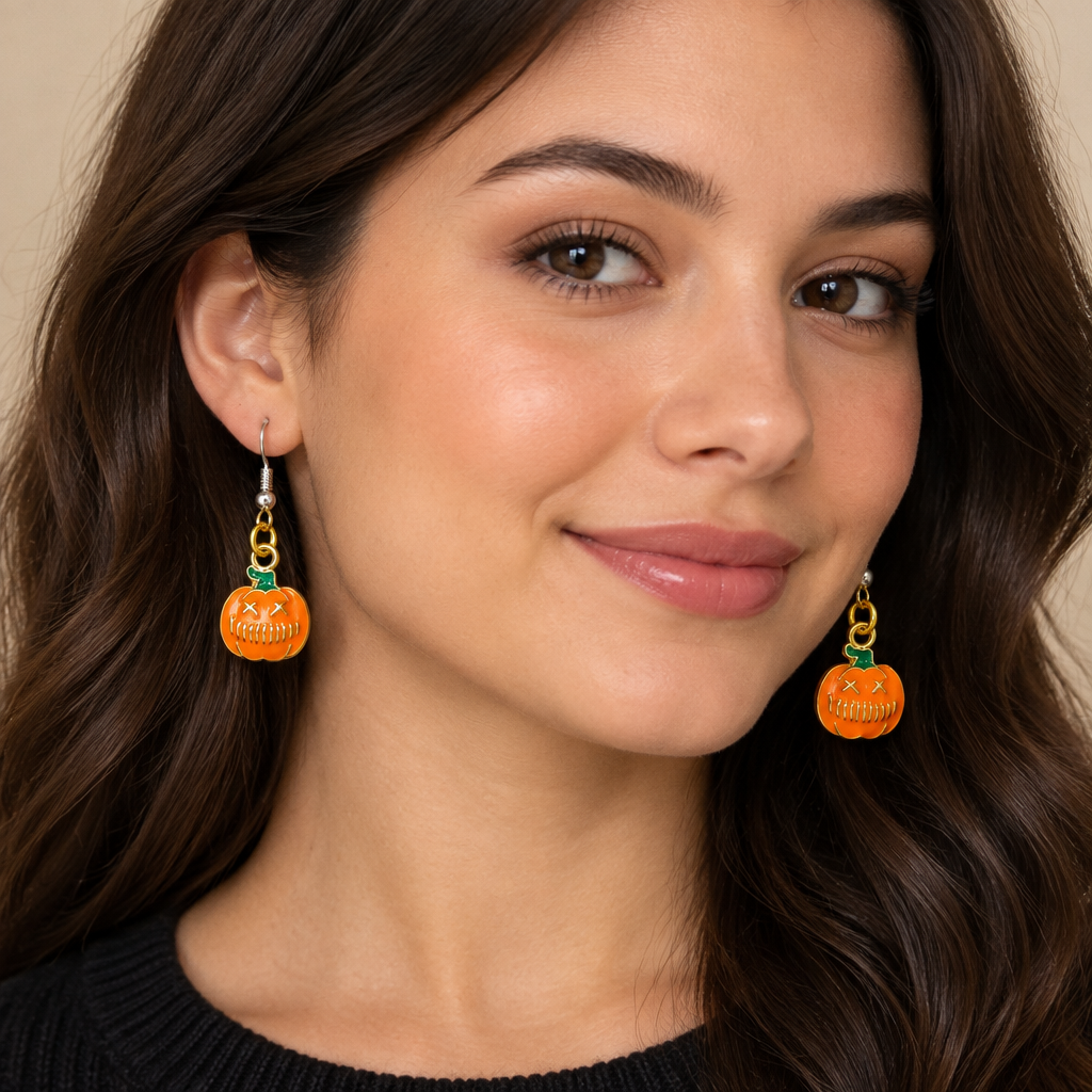 Woman wearing grumpy pumpkin enamel drop earrings