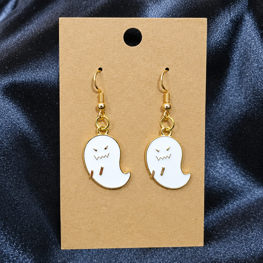 Grumpy ghost enamel drop earrings on kraft card