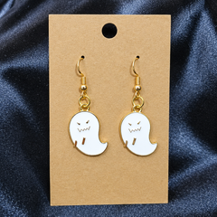 Grumpy ghost enamel drop earrings on kraft card