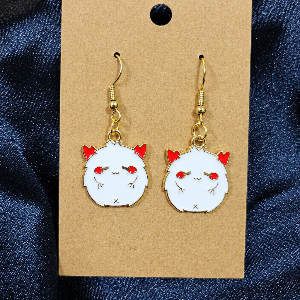 Fluffy demon chibi enamel drop earrings on kraft card