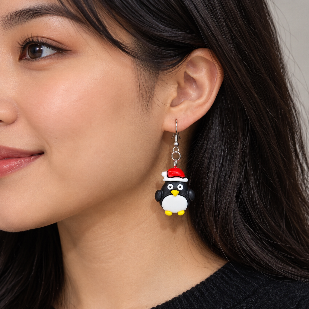 Woman wearing Christmas penguin Santa hat drop earrings