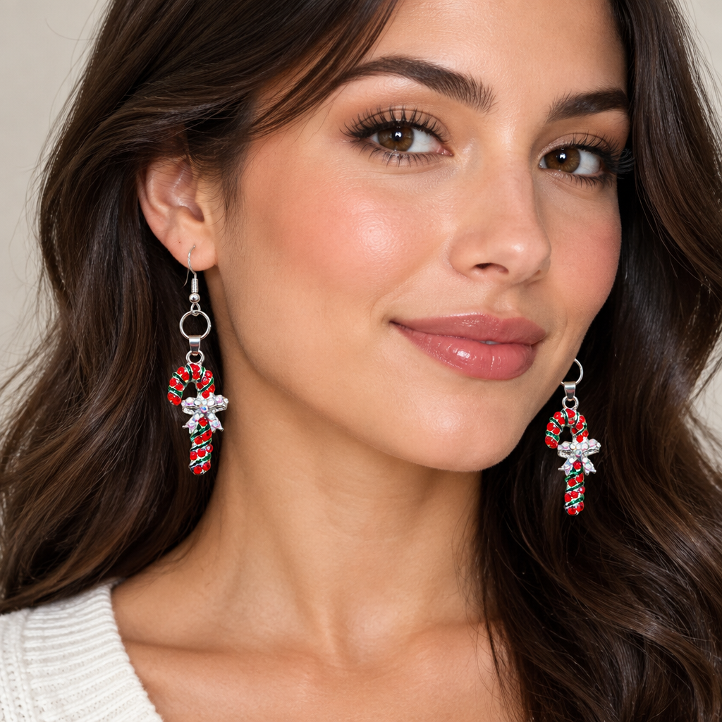 Rhinestone candy cane drop earrings on kraft card