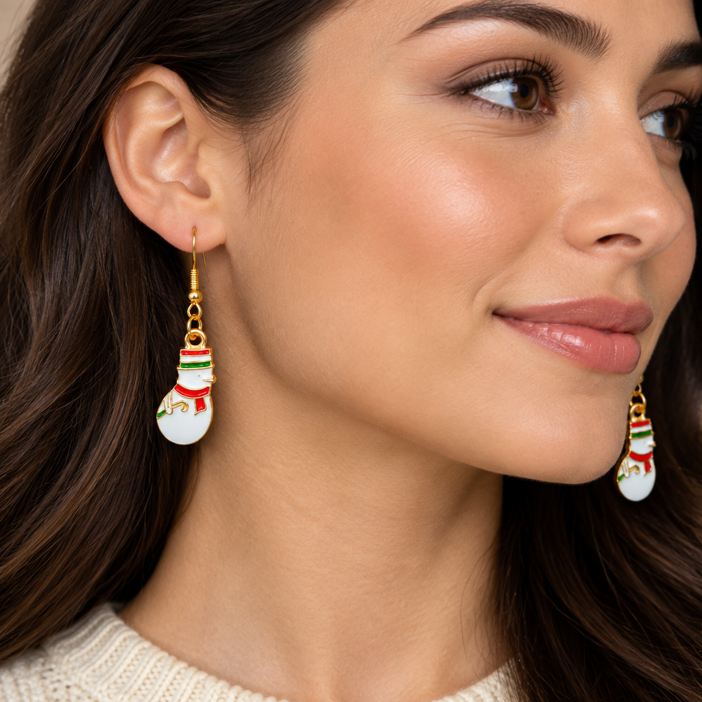 Enamel snowman drop earrings on kraft card