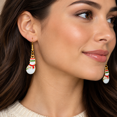 Enamel snowman drop earrings on kraft card