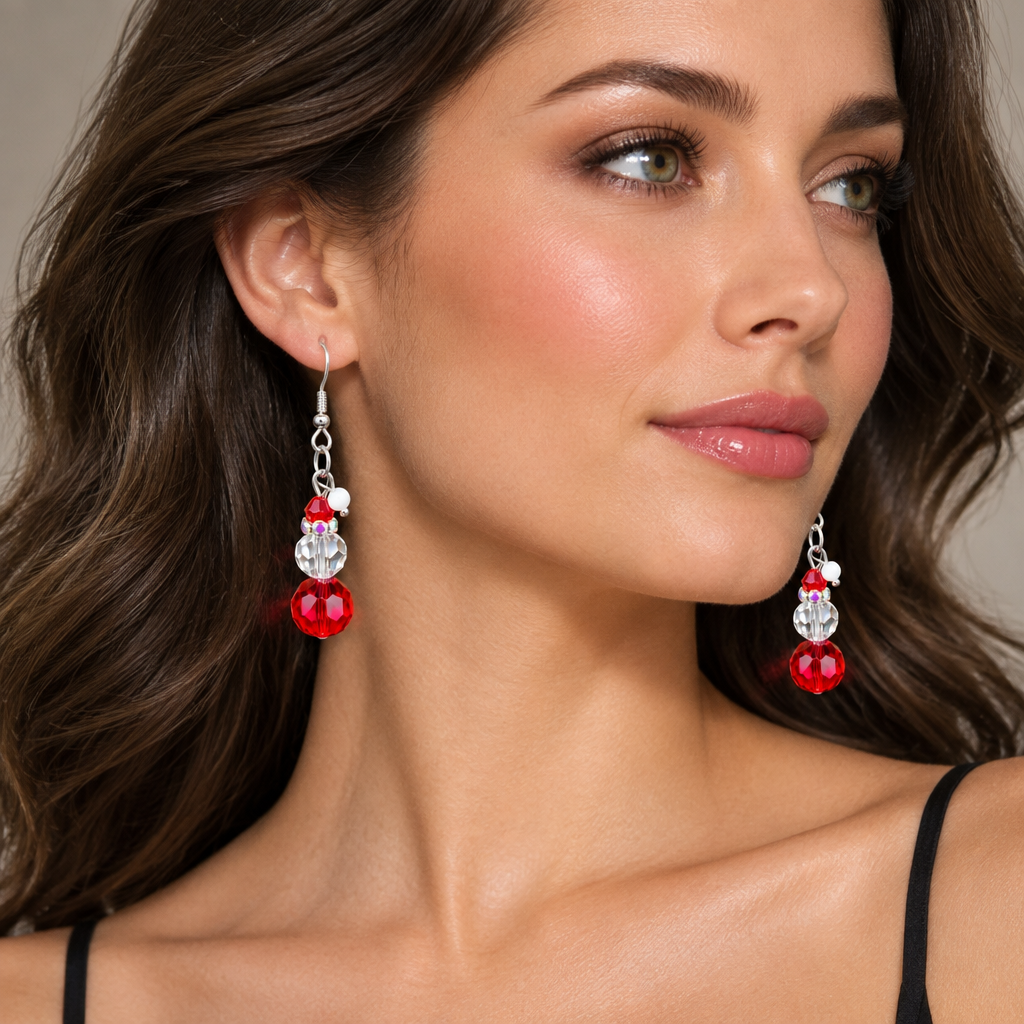 Red crystal snowman beaded drop earrings on kraft card