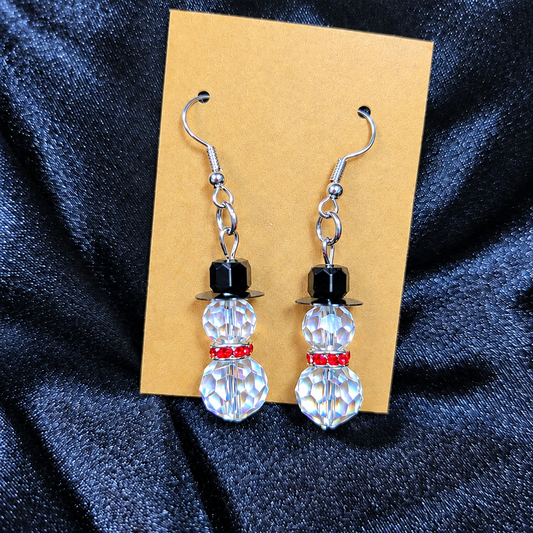 Crystal snowman beaded drop earrings on kraft card