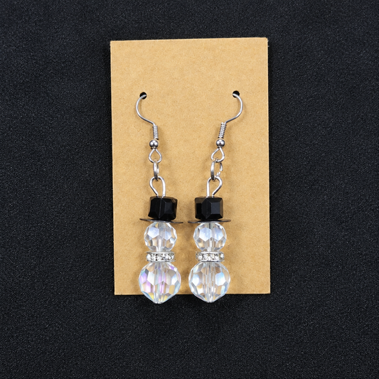 Crystal snowman beaded drop earrings on kraft card