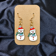 Enamel snowman with gift drop earrings on kraft card