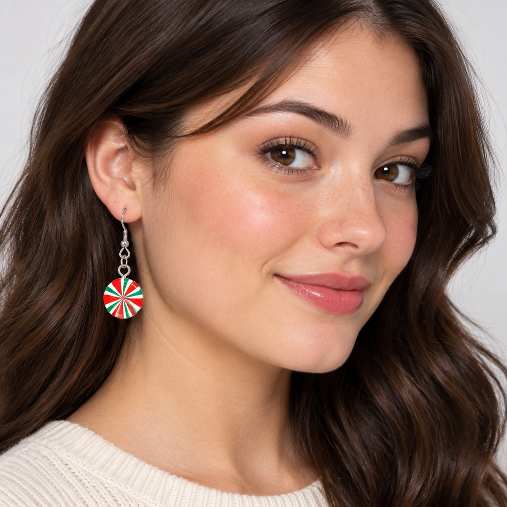 Woman wearing peppermint pinwheel disc drop earrings