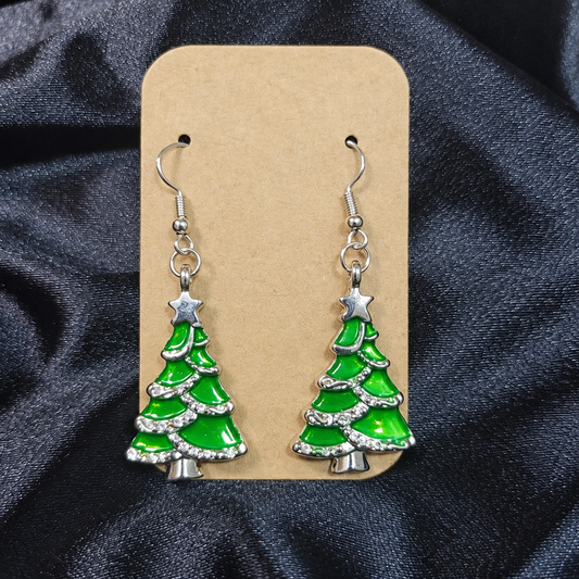 Rhinestone Christmas tree drop earrings on kraft card