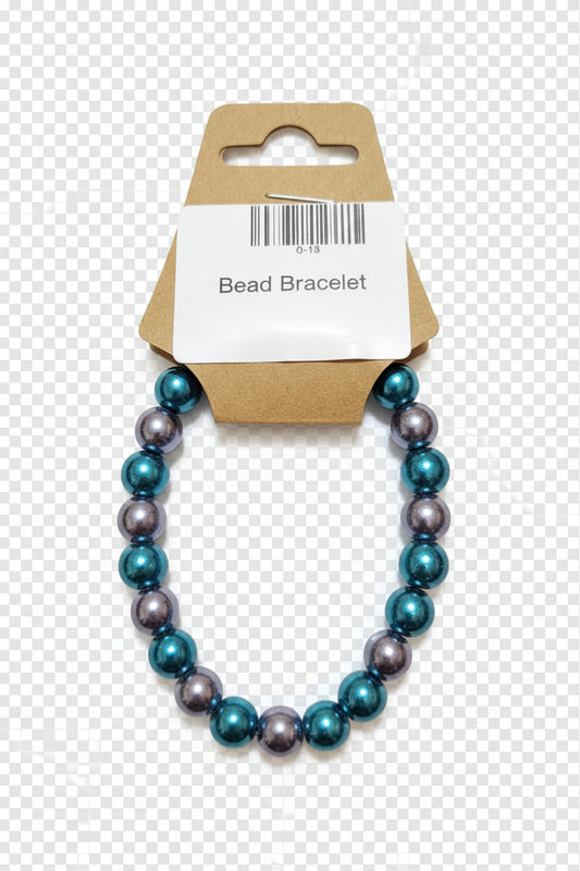 Teal and silver metallic bead stretch bracelet on display card