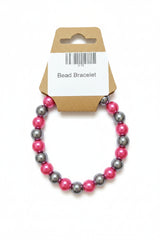 Hot pink and silver metallic bead stretch bracelet on display card
