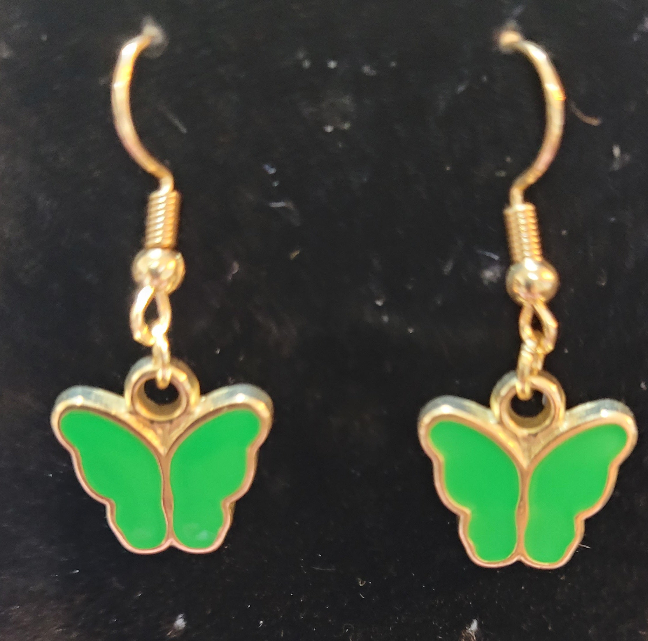 Green Enamel Butterfly Gold Drop Earrings