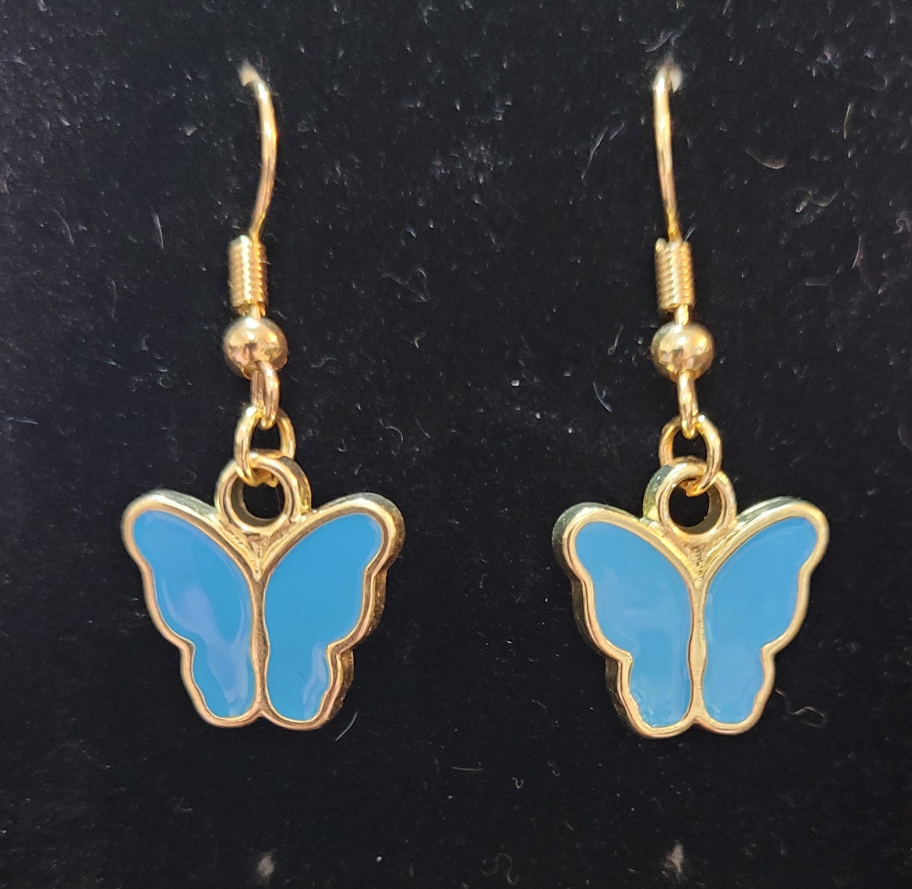 Blue Enamel Butterfly Gold Drop Earrings
