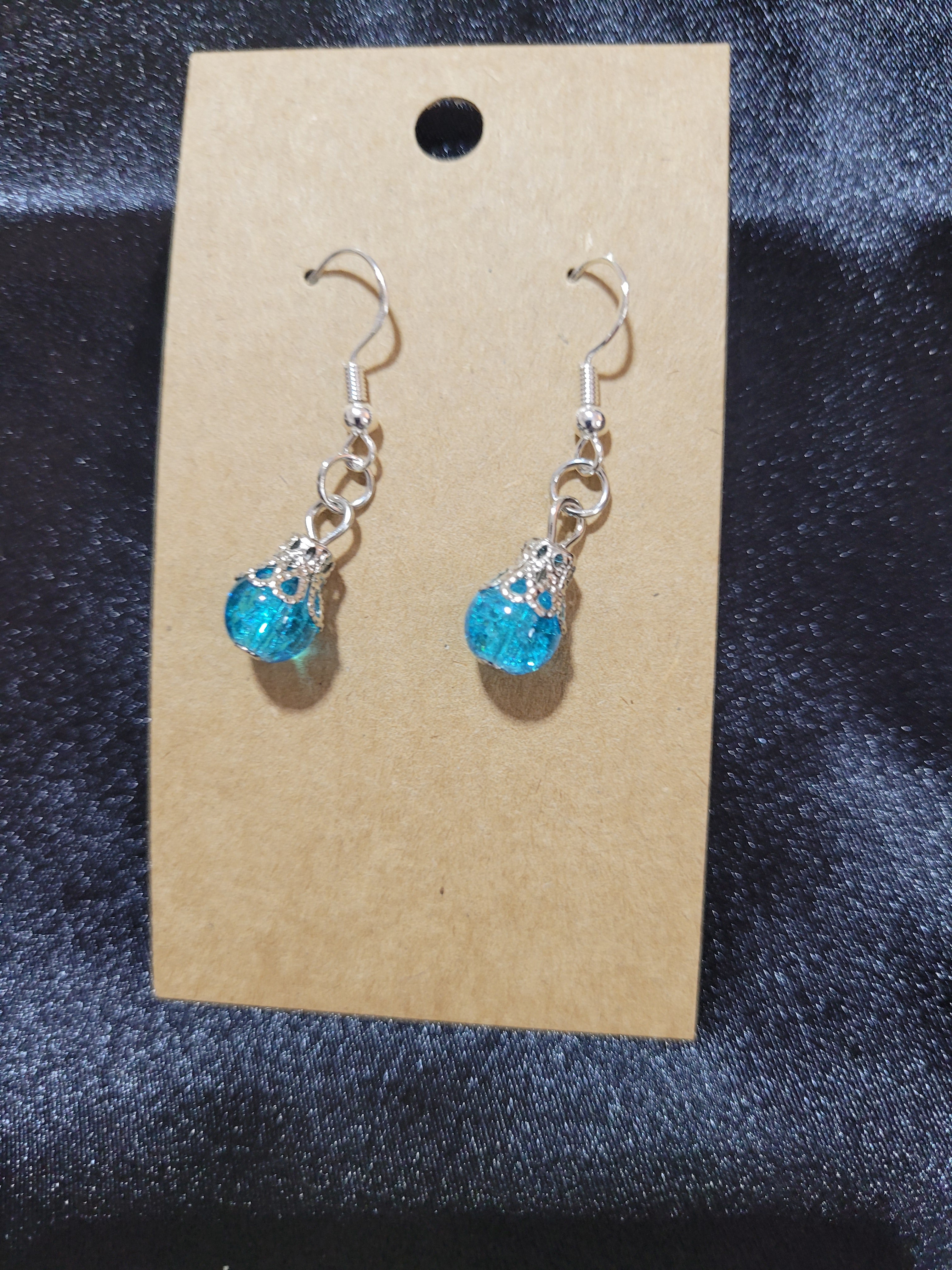 Aqua Blue Crackle Crystal Bead Drop Earrings