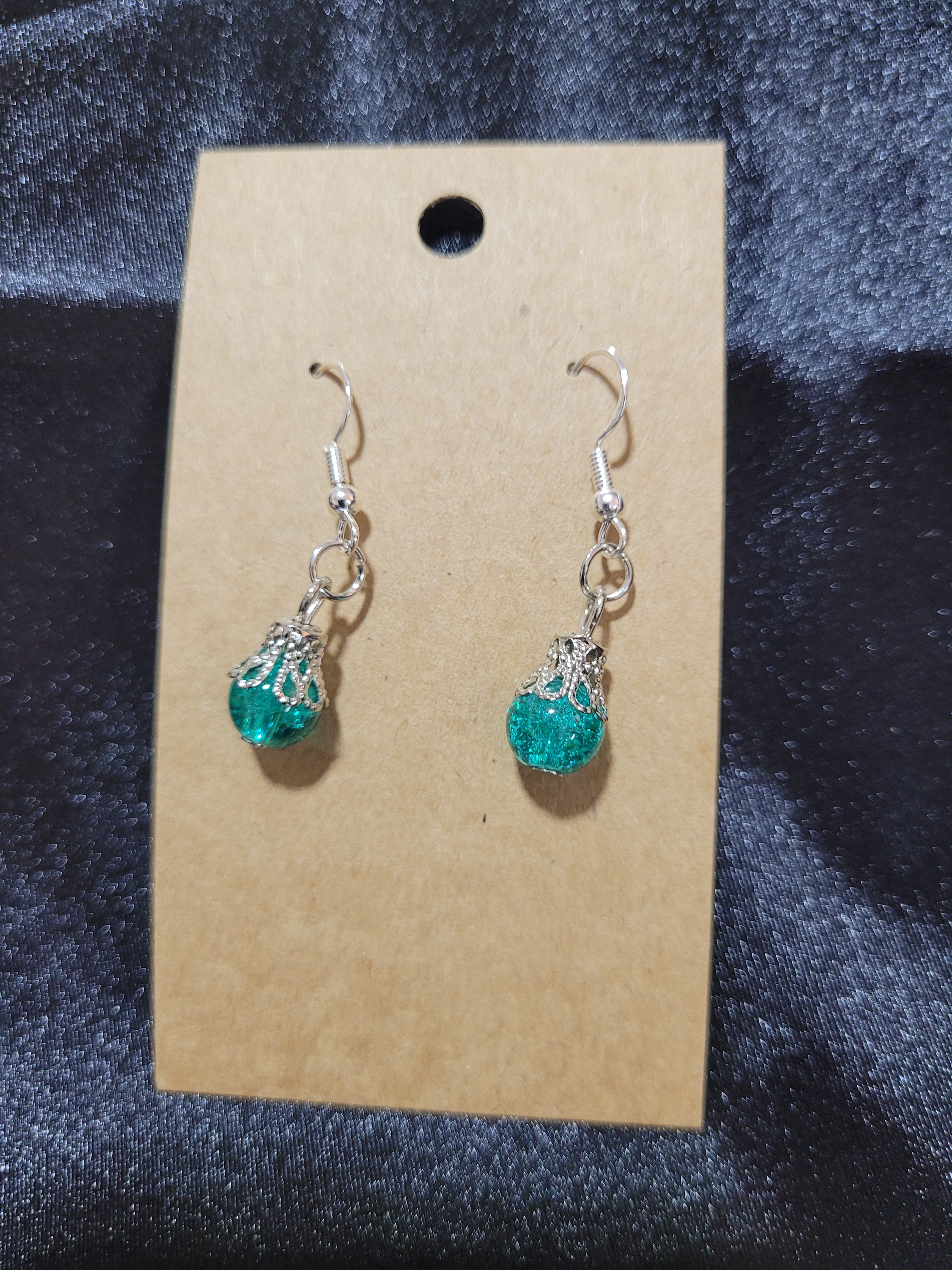 Teal Crackle Crystal Bead Drop Earrings