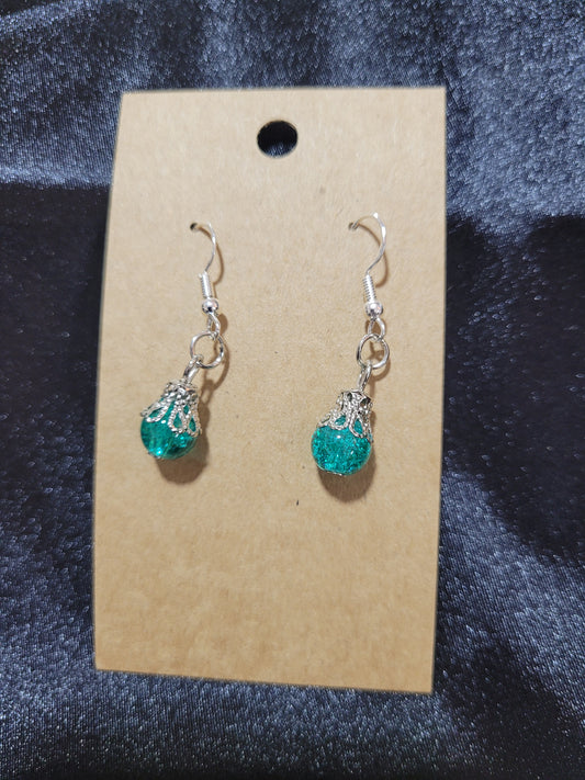 Teal Crackle Crystal Bead Drop Earrings