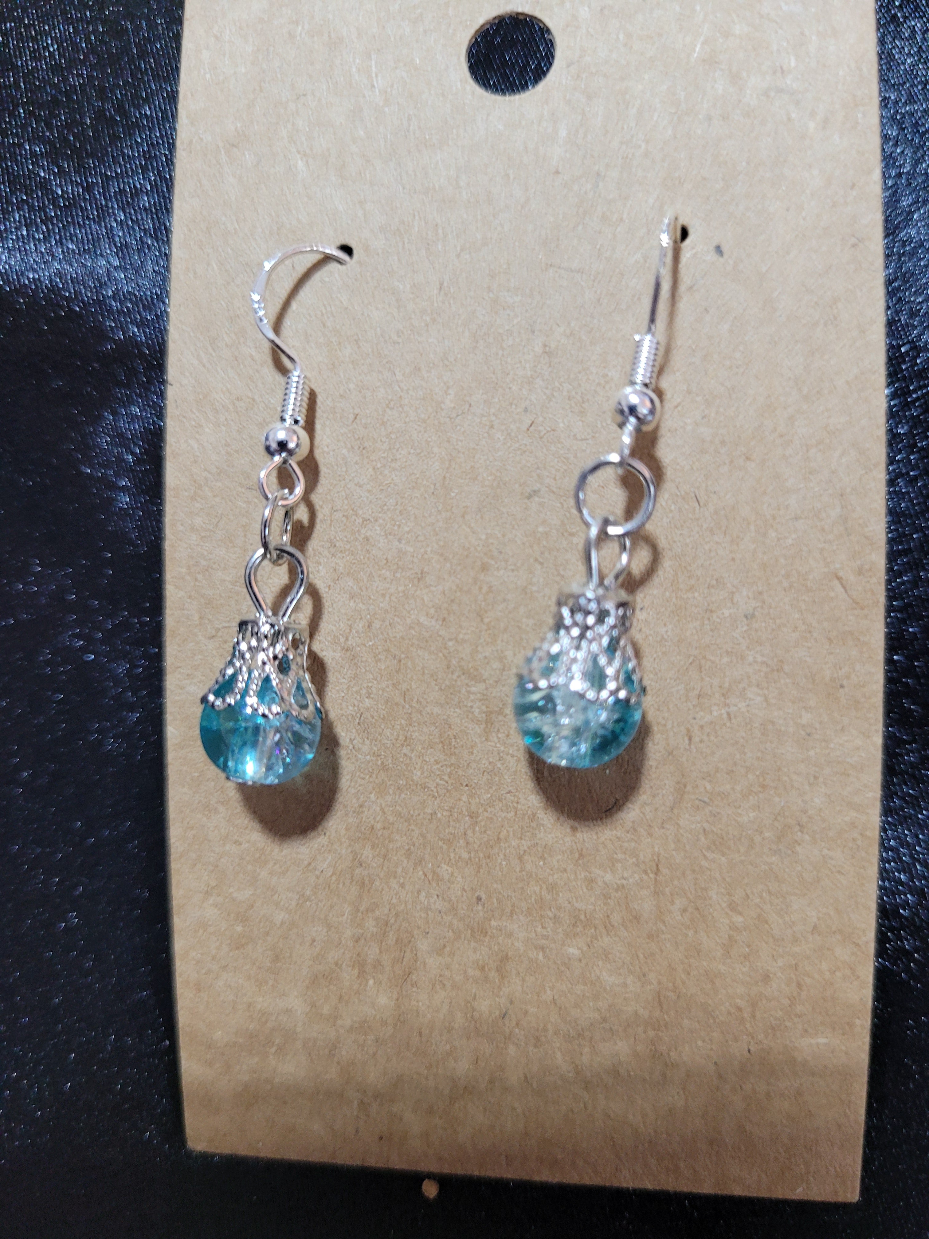 Light Blue Crackle Crystal Bead Drop Earrings with Ornate Silver Caps