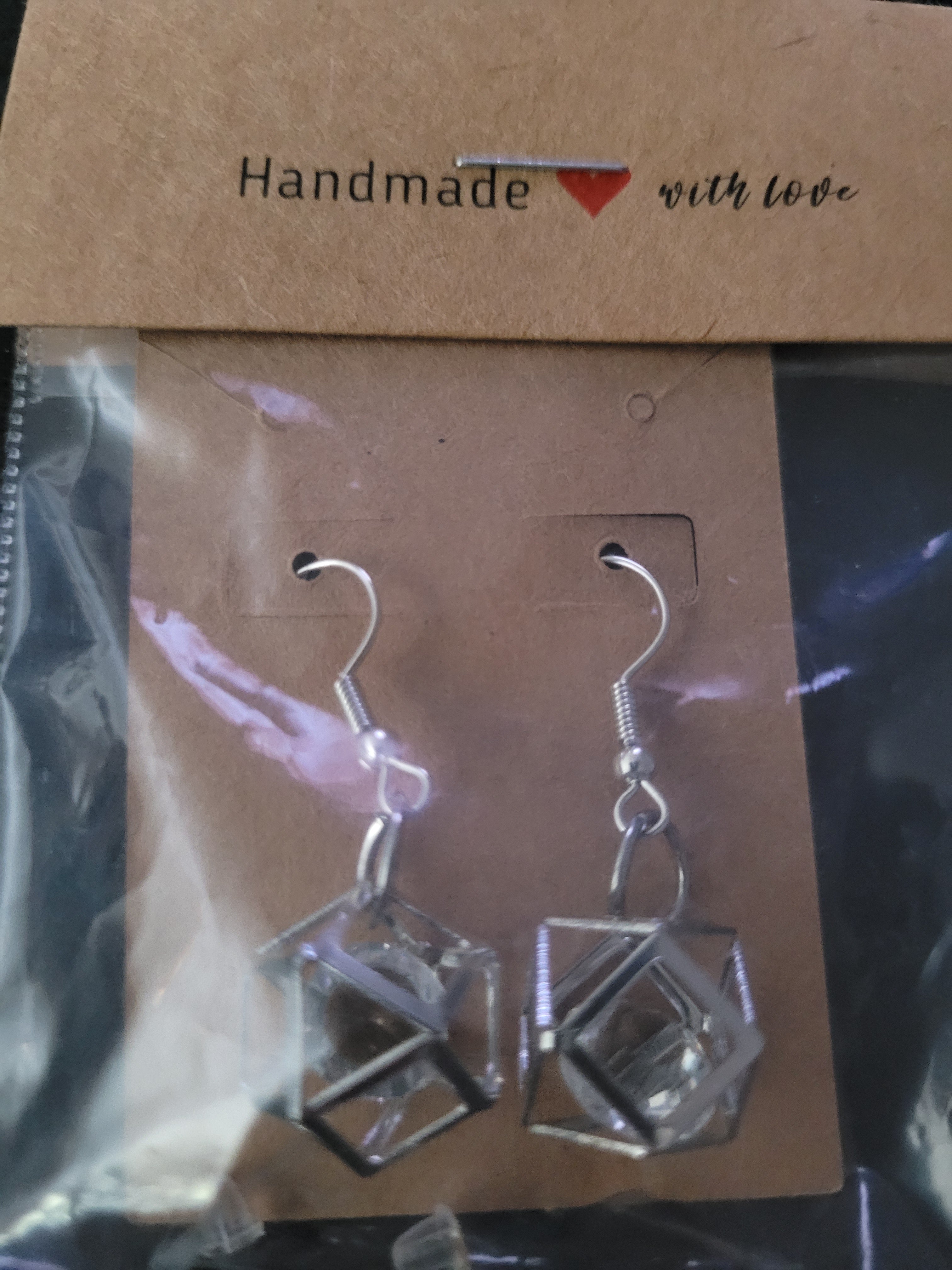 Silver 3D Geometric Cube Fish Hook Earrings – Handmade Modern Dangle Earrings