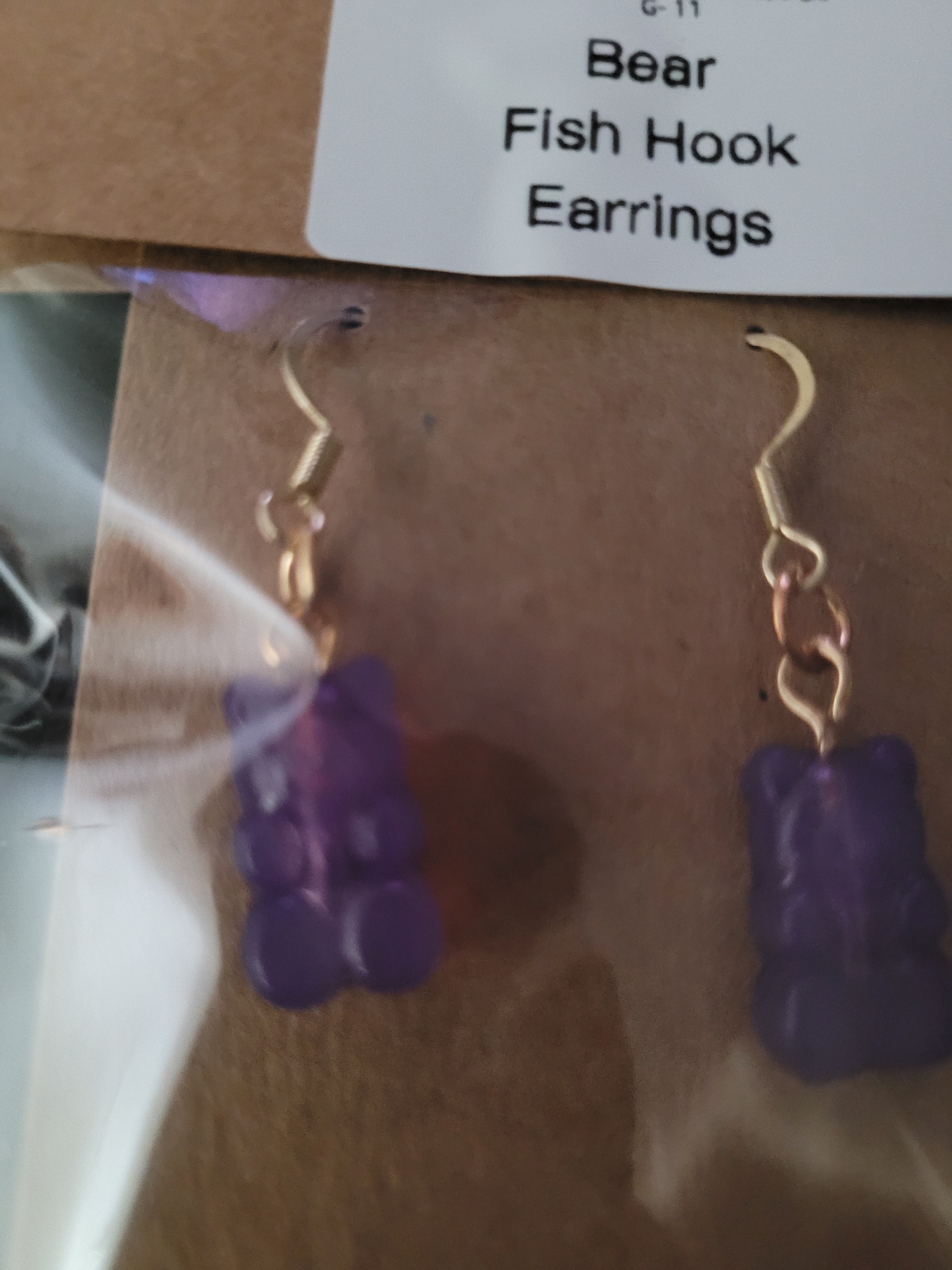 Purple Gummy Bear Gold Squiggle Fish Hook Earrings – Handmade Fun Dangle Earrings