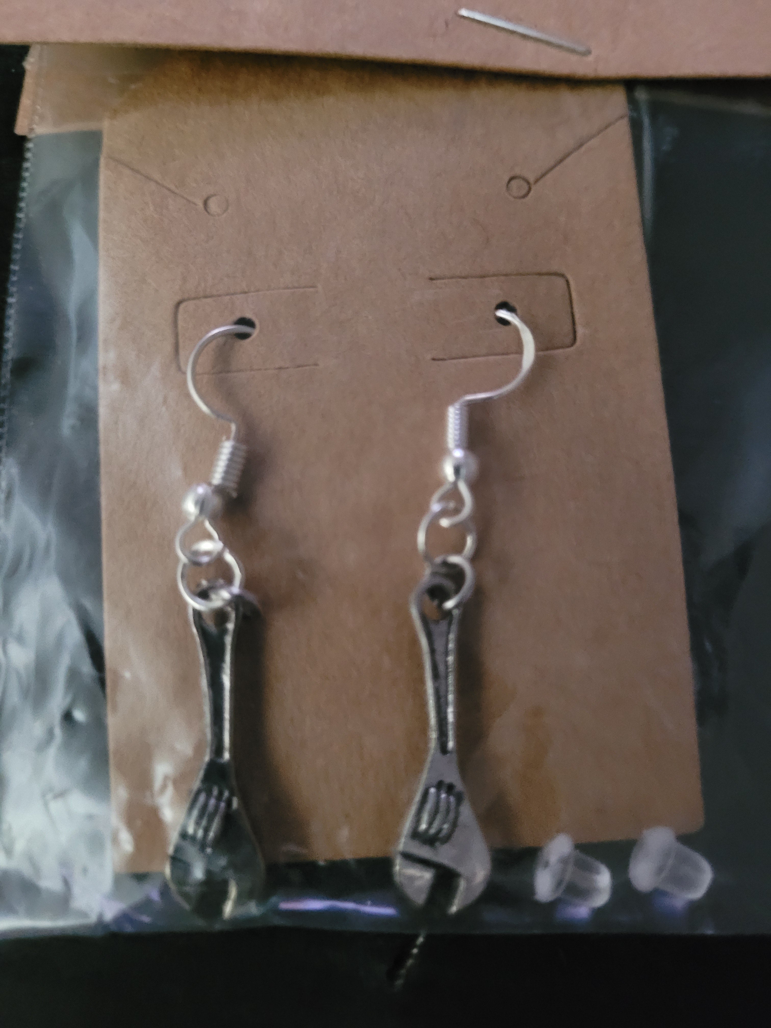Silver Wrench Fish Hook Earrings – Handmade Novelty Dangle Earrings