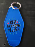 Best Grandpa Ever blue motel-style keychain with red hearts