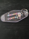Baddie Coffee clear glitter motel-style keychain with pastel lettering and smiley coffee cup character