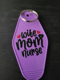 Wife Mom Nurse purple motel-style keychain with script lettering, nurse cap, and red heart accents