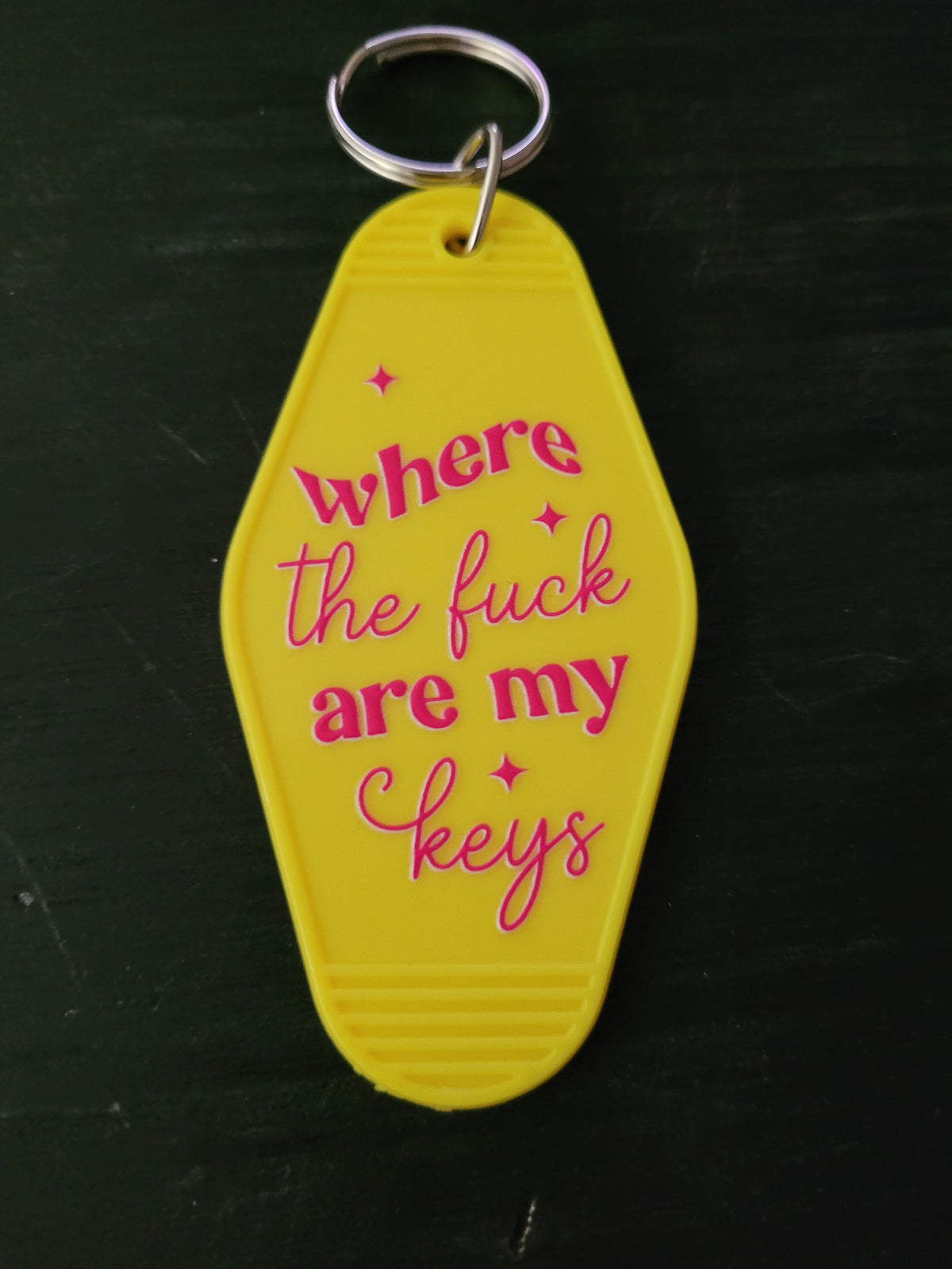 Where The F*ck Are My Keys bold yellow motel-style keychain with hot pink script lettering and sparkle stars