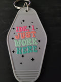 IDK I Just Work Here gray motel-style keychain with colorful groovy lettering in pink coral mint and teal with sparkle diamond cutouts