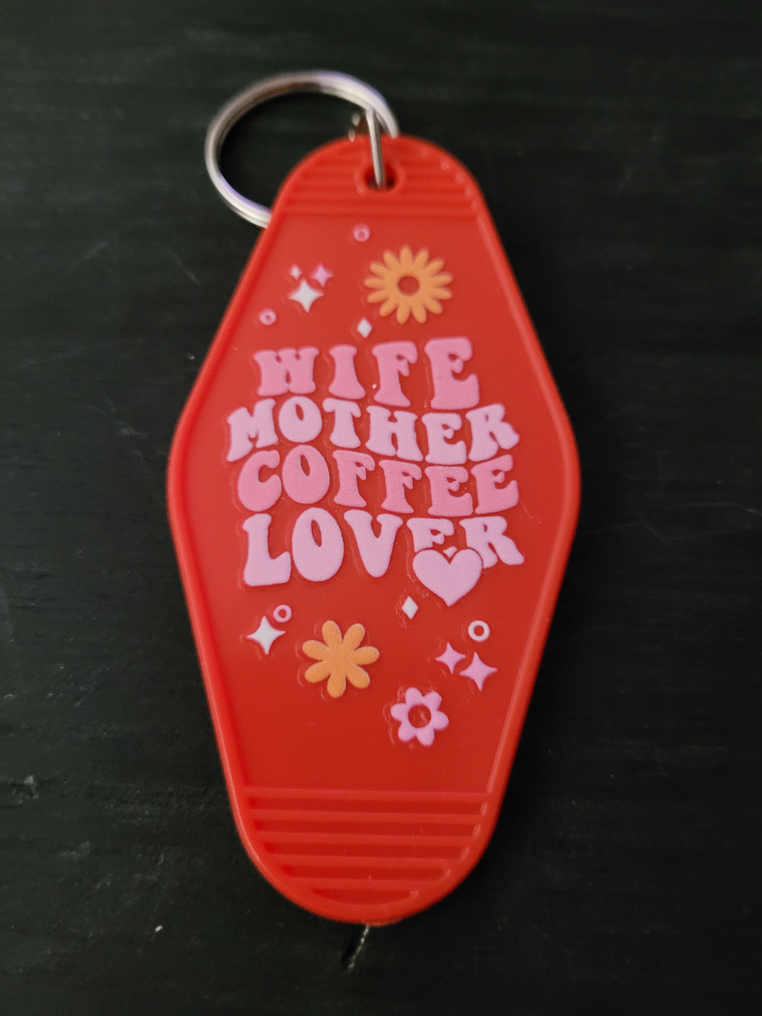 Wife Mother Coffee Lover bold red motel-style keychain with chunky pink groovy lettering and orange pink daisy and sparkle accents