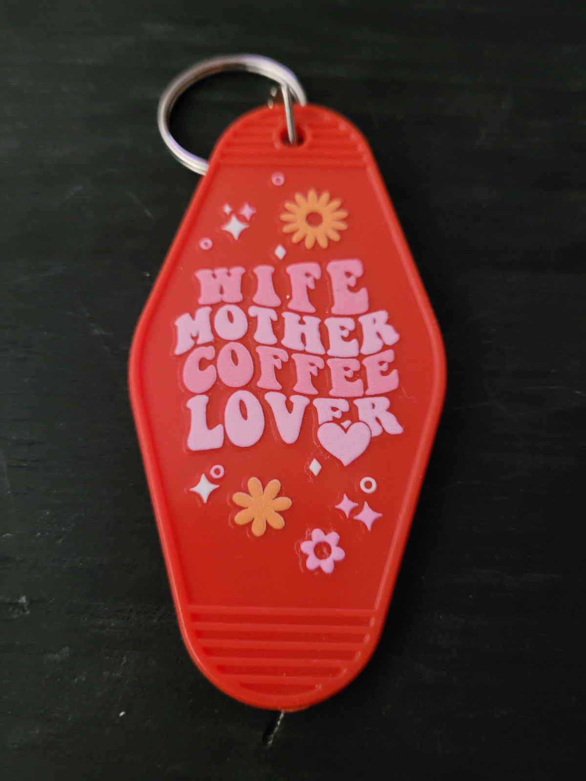 Wife Mother Coffee Lover bold red motel-style keychain with chunky pink groovy lettering and orange pink daisy and sparkle accents